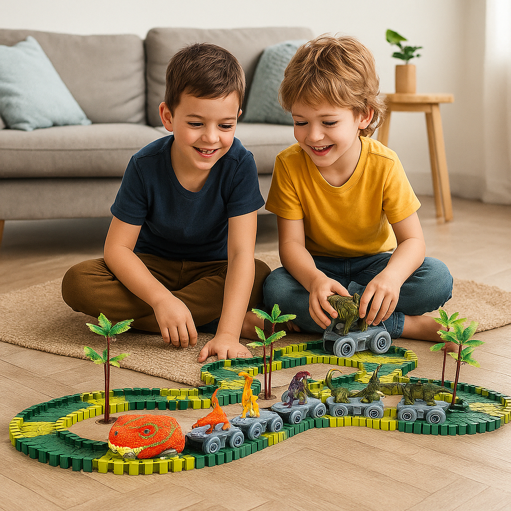 Dinosaurier Strecken Abenteuer – Flexible Rennbahn mit leuchtendem Zug