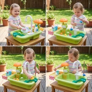 Kinder-Spielküche mit Wasserfunktion – Spülbecken Spielset mit elektrischer Wasserzirkulation & Angelspiel