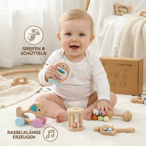 Baby Geschenkset aus Holz – Rassel- & Musikspielzeug für Neugeborene