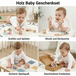 Baby Geschenkset aus Holz – Rassel- & Musikspielzeug für Neugeborene