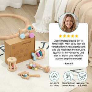 Baby Geschenkset aus Holz – Rassel- & Musikspielzeug für Neugeborene