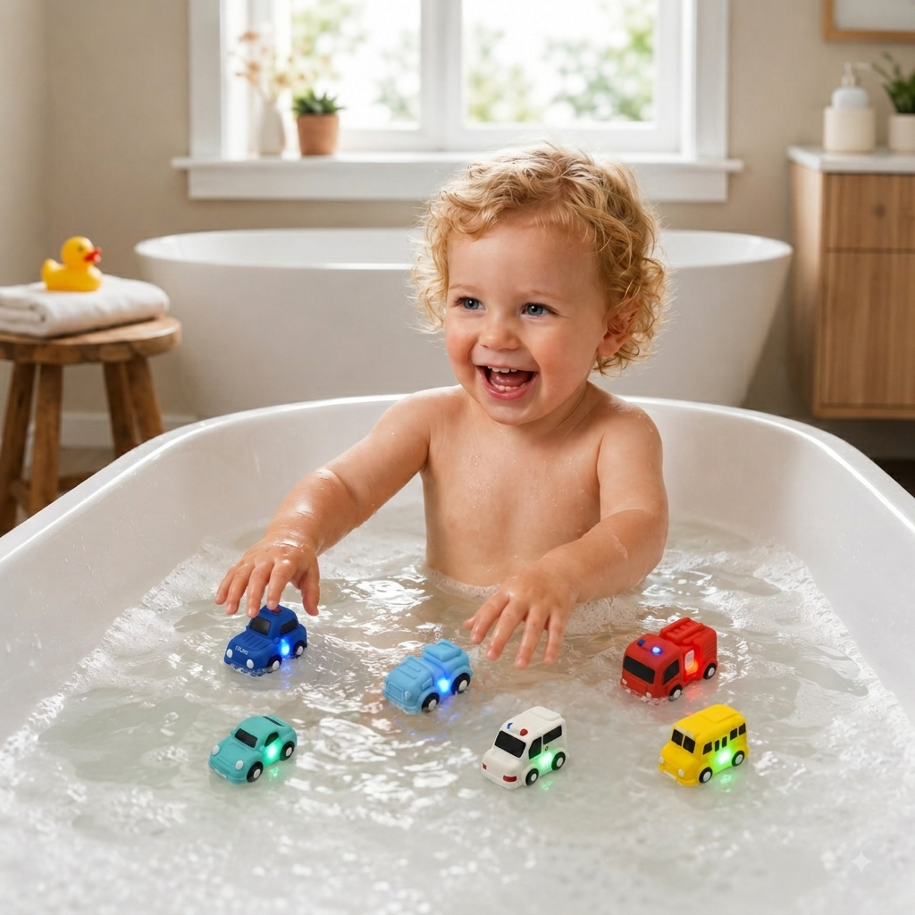 Leuchtendes Badewannen-Auto-Set – Wasseraktiviertes Badespielzeug für Babys