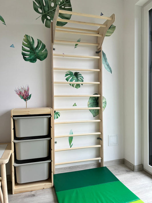 Sprossenwand 200cm - Kletterwand für Kinder ab 2 Jahren -Hartholz Rundstäbe,belastbar bis 80kg -Einhänge-Modul und Rollenrutsche optional