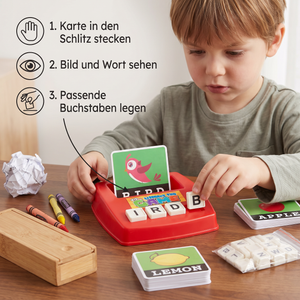 Interaktives Rechtschreib- und Wortzuordnungsspiel – Lernspielzeug zur Lese- und Schreibförderung für Vorschulkinder mit Bildkarten und Buchstabenplättchen