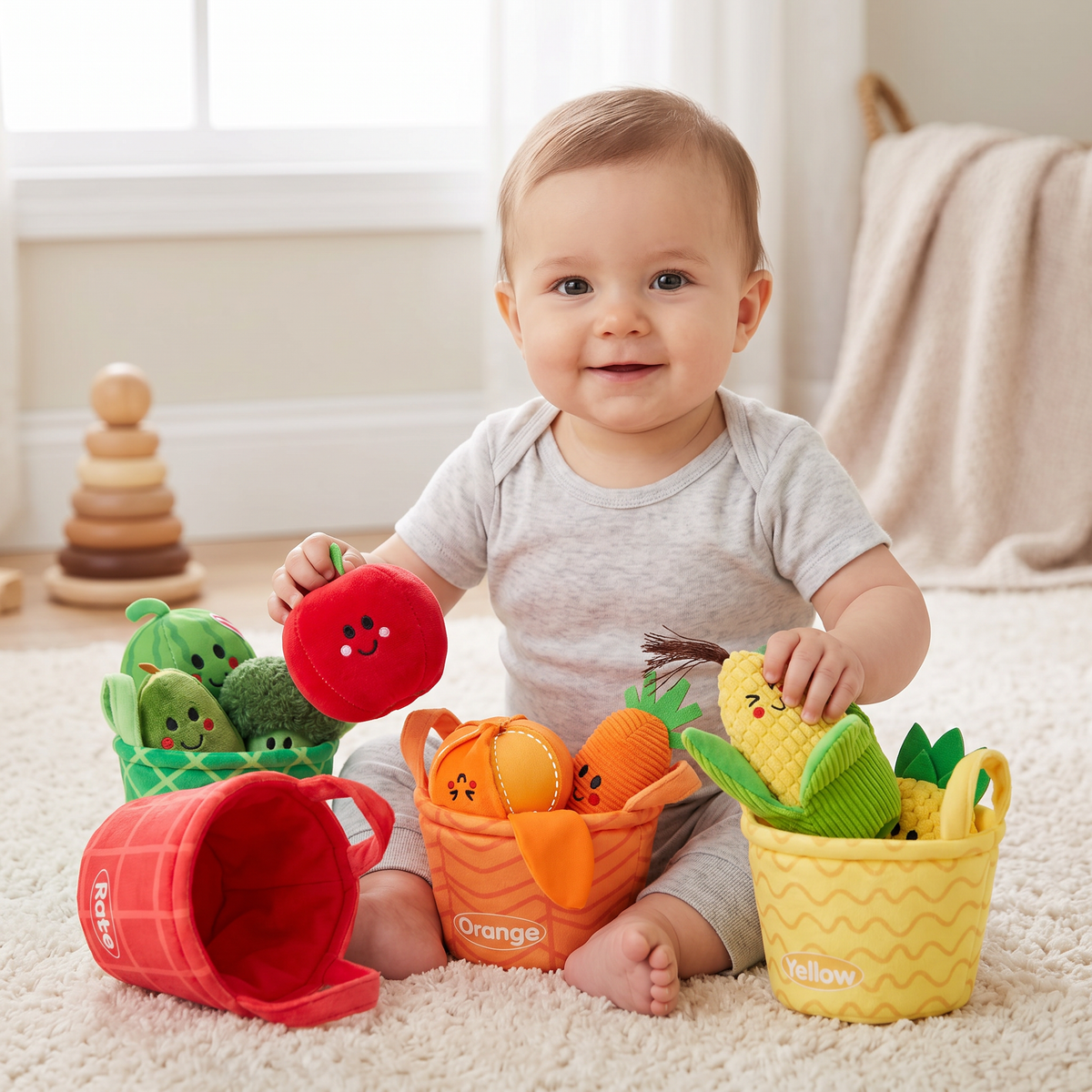 Weiches Obst- & Gemüse-Lernspiel für Babys – 4er Farb-Sortier-Set mit Rassel und Knistereffekt