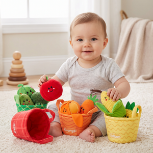 Weiches Obst- & Gemüse-Lernspiel für Babys – 4er Farb-Sortier-Set mit Rassel und Knistereffekt