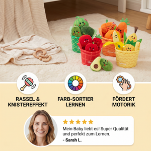 Weiches Obst- & Gemüse-Lernspiel für Babys – 4er Farb-Sortier-Set mit Rassel und Knistereffekt