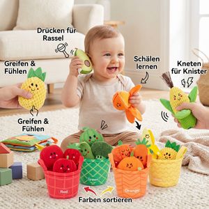 Weiches Obst- & Gemüse-Lernspiel für Babys – 4er Farb-Sortier-Set mit Rassel und Knistereffekt
