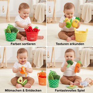 Weiches Obst- & Gemüse-Lernspiel für Babys – 4er Farb-Sortier-Set mit Rassel und Knistereffekt