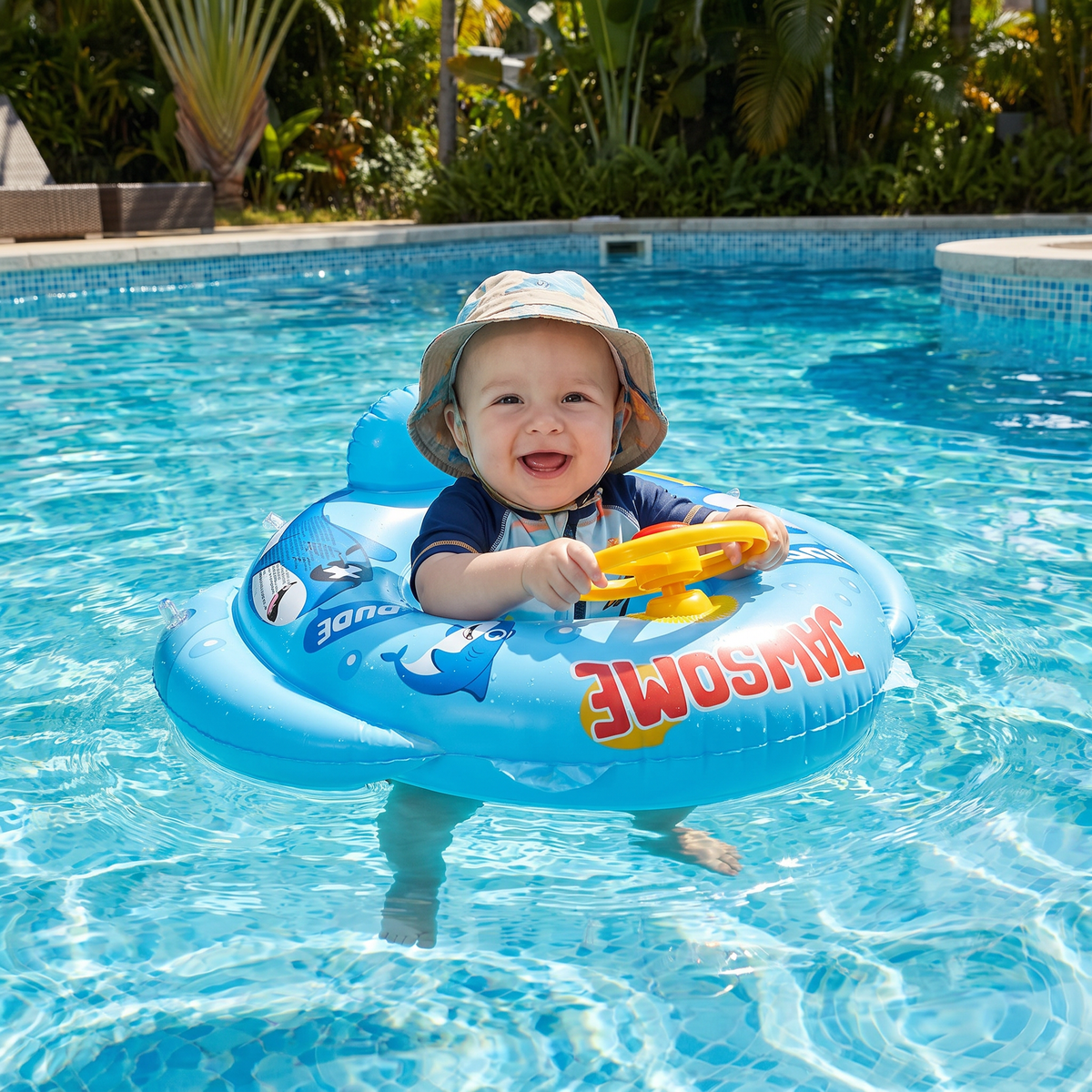 Aufblasbarer Babyschwimmring mit Sitz und Spiel Lenkrad im Hai Design