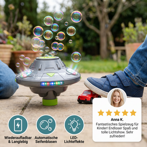 Leuchtende UFO-Seifenblasenmaschine für Kinder – Wiederaufladbarer Blasen Kreisel mit Lichteffekten