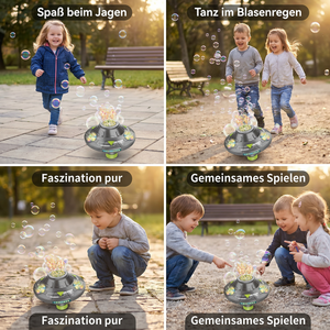 Leuchtende UFO-Seifenblasenmaschine für Kinder – Wiederaufladbarer Blasen Kreisel mit Lichteffekten