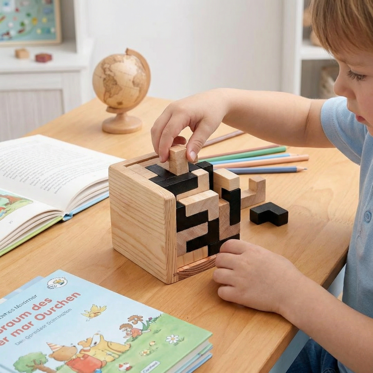 Handgemachtes 3D Holz-Würfelpuzzle – Knobel- & Lernspiel für Kinder (54 Teile)