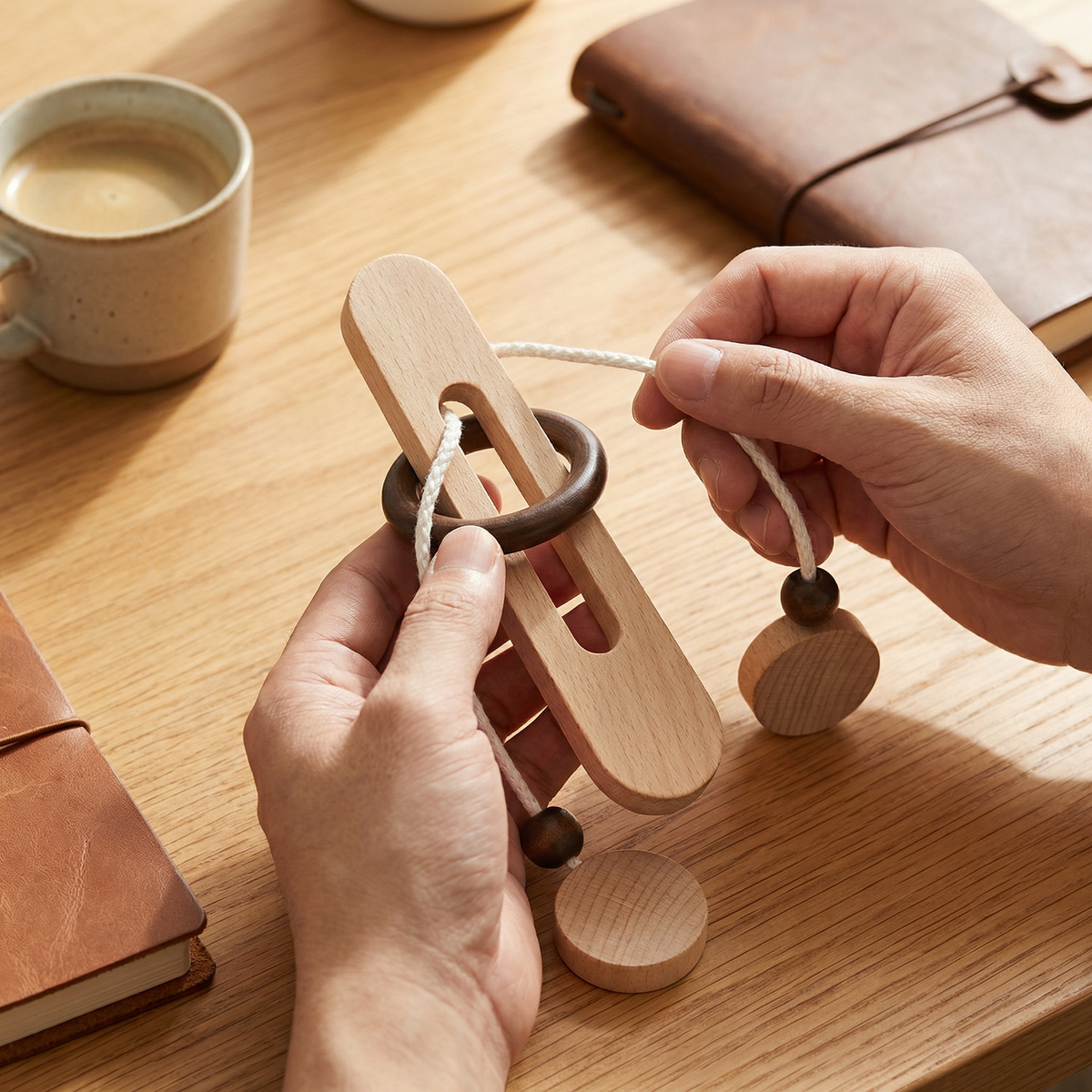 Handgemachtes Holz-IQ-Puzzle mit Seil – Denkspiel für die ganze Familie