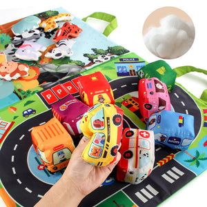 2in1 Sensorische Plüsch Spielzeug Autos mit Straßenmatte und Tasche für Unterwegs