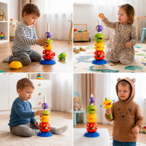 2-in-1 interaktiver drehbarer Stapel- & Ballfallturm mit Rassel für Kinder