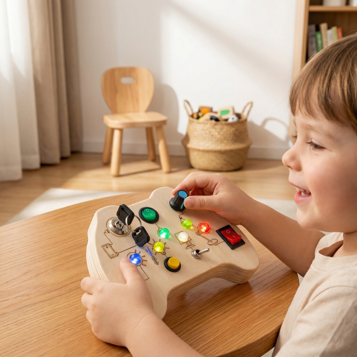 LED Controller Busy Board aus Holz – Montessori Lernspielzeug zur Förderung von Motorik