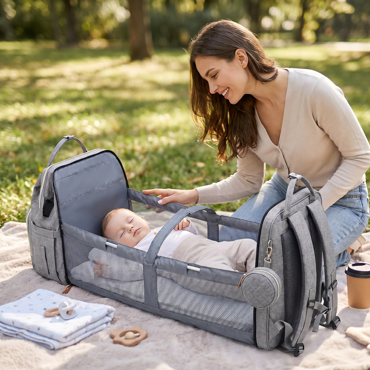 3-in-1 Reise Wickelrucksack mit faltbarem Babybett - Perfekt für Unterwegs!