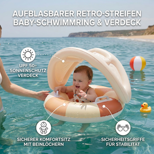 Aufblasbarer Retro Streifen Baby-Schwimmring mit abnehmbaren Sonnendach – Sicherer Sitz von 6–36 Monaten
