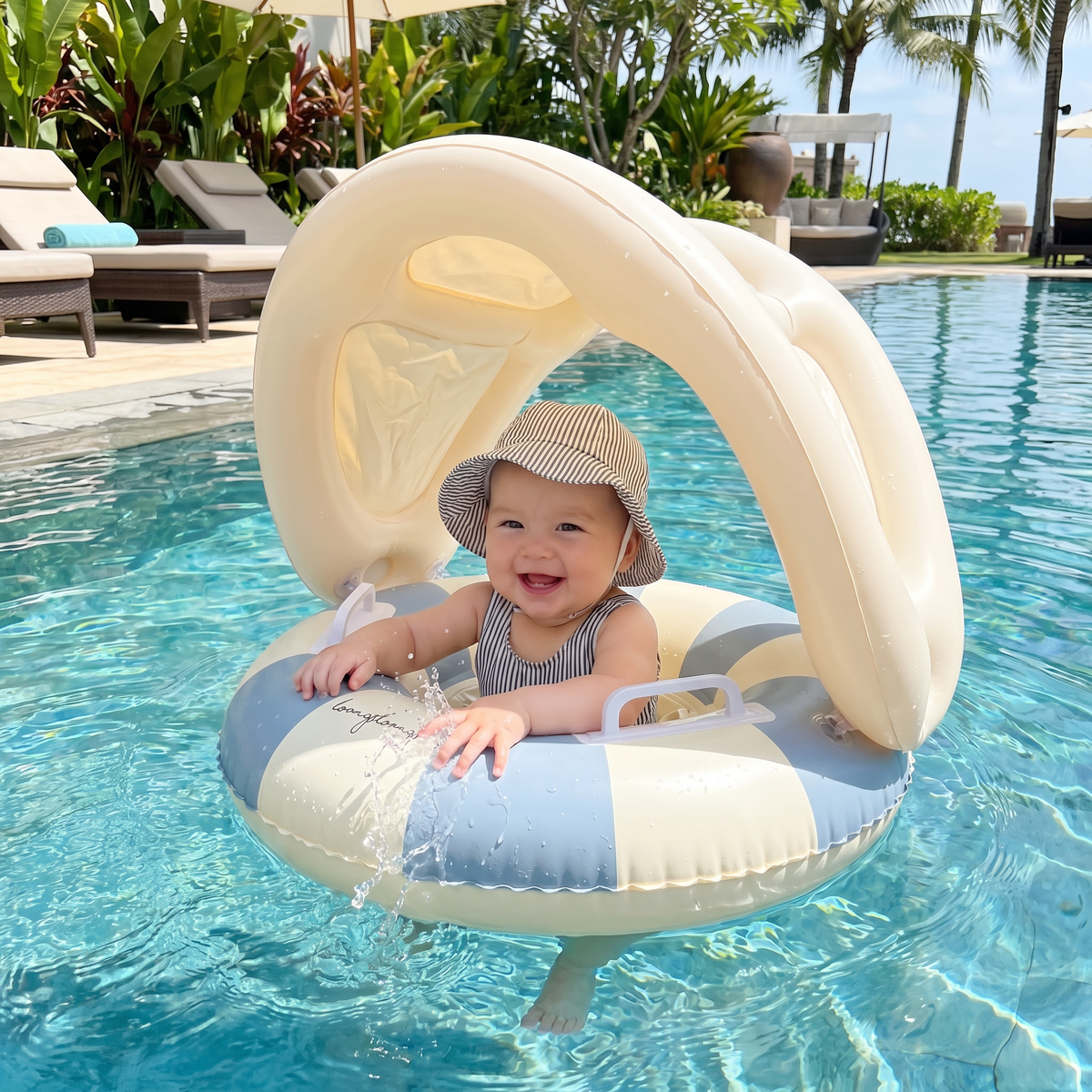 Aufblasbarer Retro Streifen Baby-Schwimmring mit abnehmbaren Sonnendach – Sicherer Sitz von 6–36 Monaten