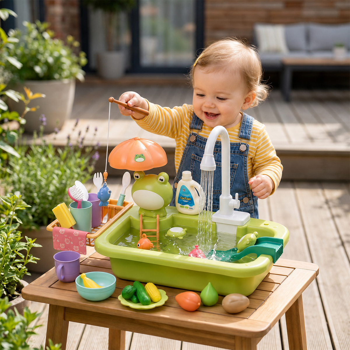 Kinder-Spielküche mit Wasserfunktion – Spülbecken Spielset mit elektrischer Wasserzirkulation & Angelspiel