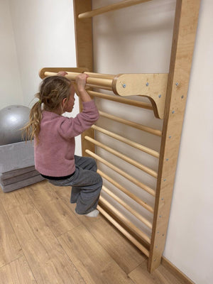 Kindergarten Sprossenwand 2 Meter - Kletterwand für Kita & Kindergarten - Hartholz Rundstäbe, schlagfest lackiert, belastbar bis 80kg, inkl. Einhänge-Modul