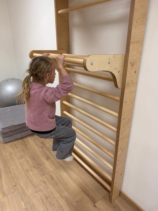 Kindergarten Sprossenwand 2 Meter - Kletterwand für Kita & Kindergarten - Hartholz Rundstäbe, schlagfest lackiert, belastbar bis 80kg, inkl. Einhänge-Modul