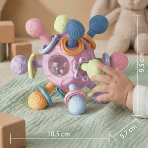 Sensorischer Baby-Greifball mit Silikon Beißhilfe und Rassel